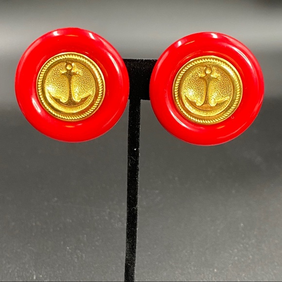 Vintage Retro Red Plastic Anchor Button Earrings - Picture 2 of 8